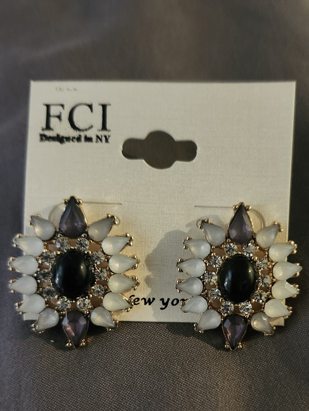 Gold-Tone Black and White Floral Cluster Earrings